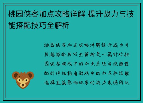 桃园侠客加点攻略详解 提升战力与技能搭配技巧全解析